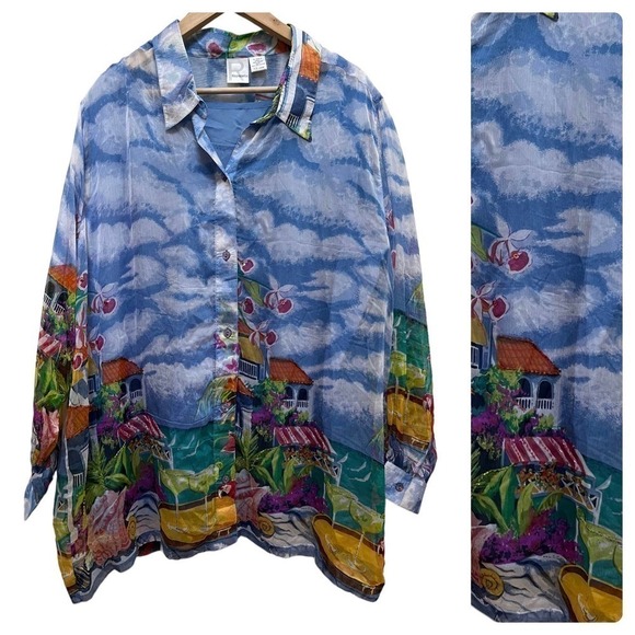 NWT Roaman’s Seaside Tropical Artsy Print Button Up Tank Blouse Plus Size 24W - Picture 1 of 14